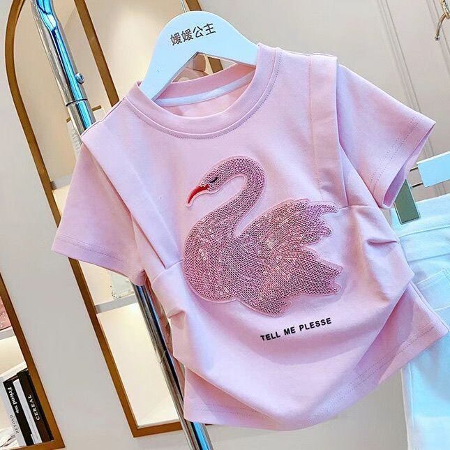 女童2026新款夏季套装捏褶不规则天鹅珠片短袖韩版t恤