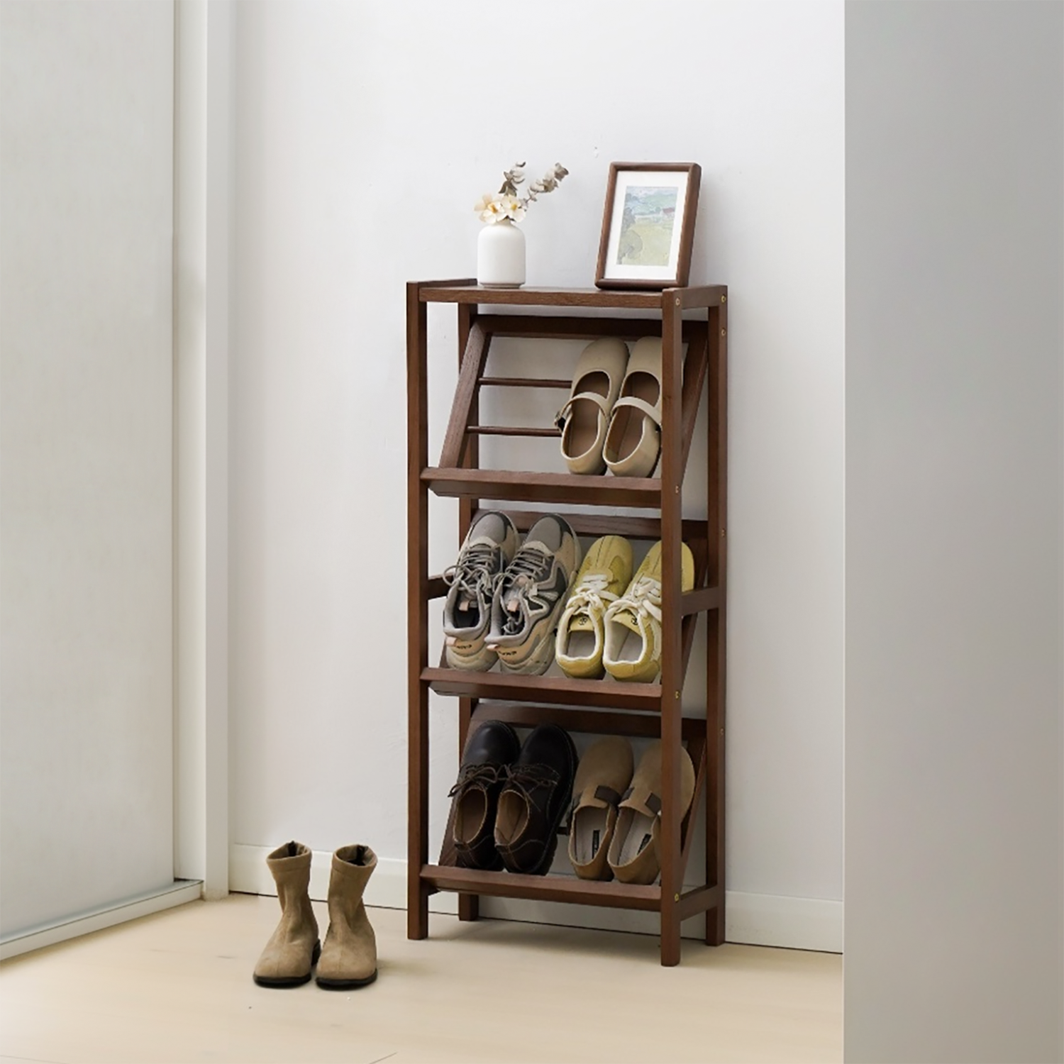 实木胡桃色鞋架多层家用门口小窄鞋柜斜放设计不占空间收纳置物架