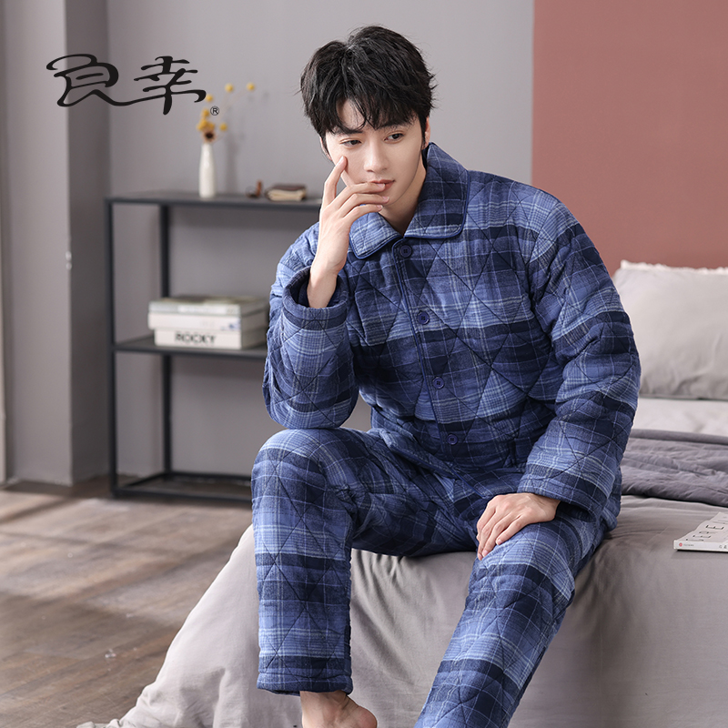 男全棉格子绒布打格棉棉袄套装