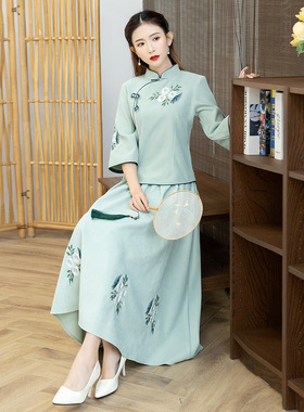 复古中国风绣花两件套唐装改良旗袍文艺民国茶艺中长款大码套装