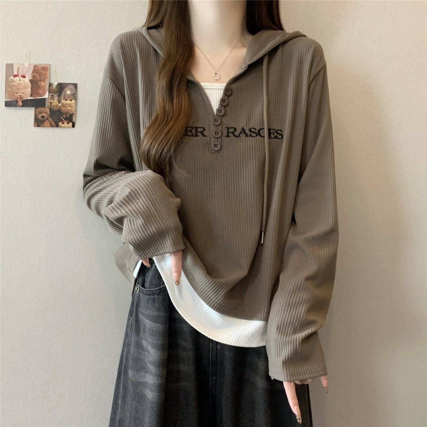 卫衣女假两件t恤春秋款胖