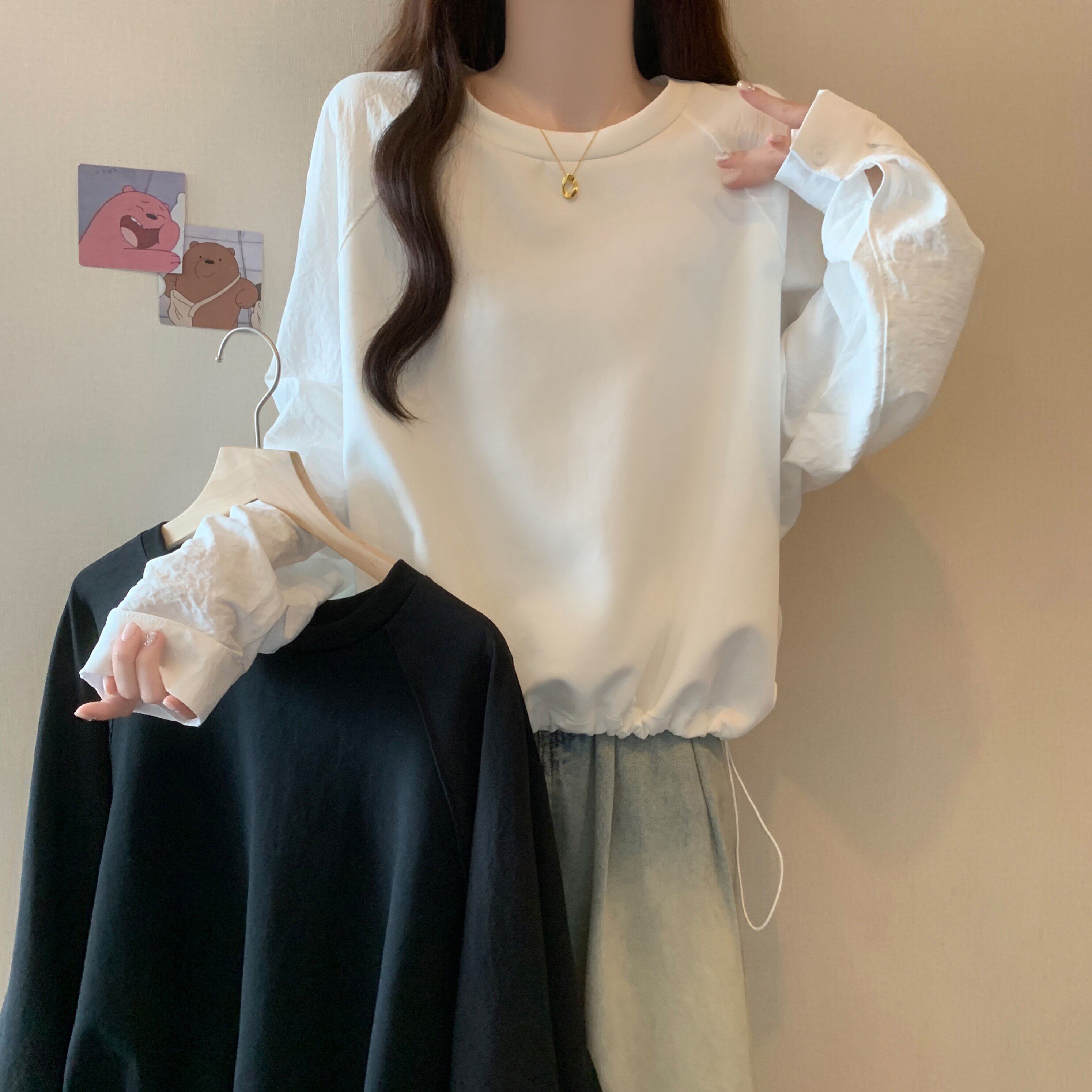 设计感抽绳白色长袖厚棉T女2026春季大尺码胖mm宽松别致绝美上衣