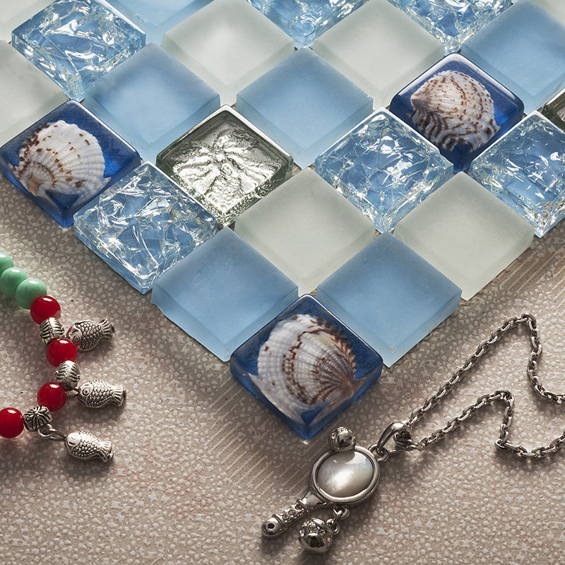 KASARO地中海贝壳冰裂水晶玻璃石材马赛克卫生间背景墙鱼池瓷砖贴