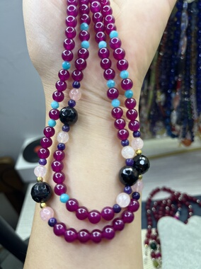 天然石红刚玉黑玛瑙天河石项链奢小众设计感锁骨链颈链饰品送闺蜜