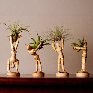 空气凤梨创意绿植实木花盆花托木人模型关节木偶人桌面摆件礼品