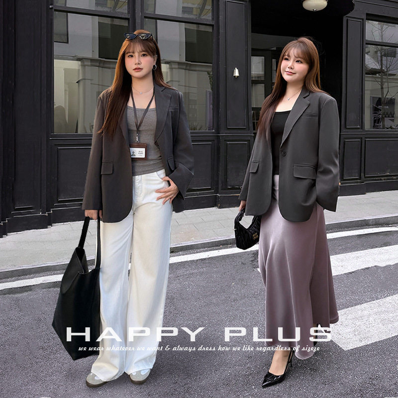 happyhut加肥加大码女装200斤胖mm极简灰色西服外套通勤西装外套