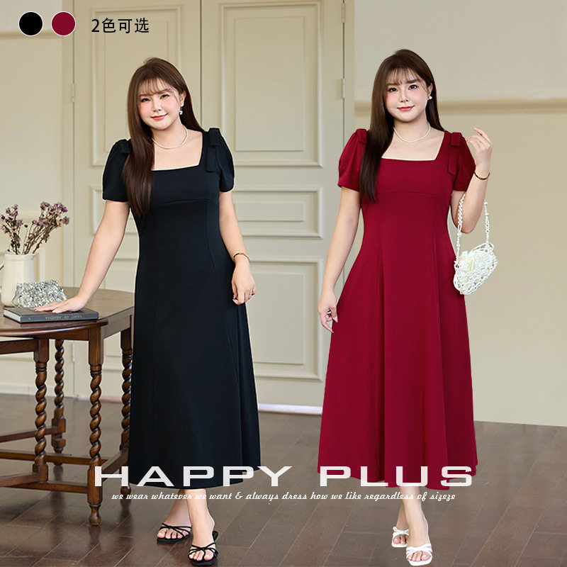 happyhut加肥加大码女装200斤胖mm法式方领a摆连衣裙小黑裙小红裙