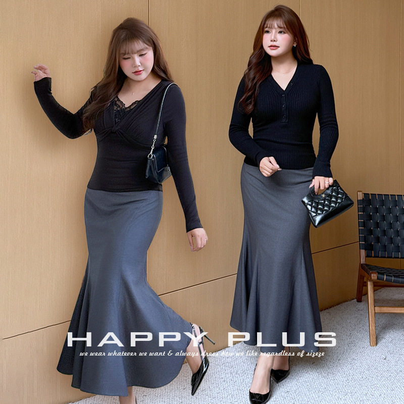happyhut加肥加大码女装200斤胖mm精纺立裁分割包臀鱼尾半身长裙
