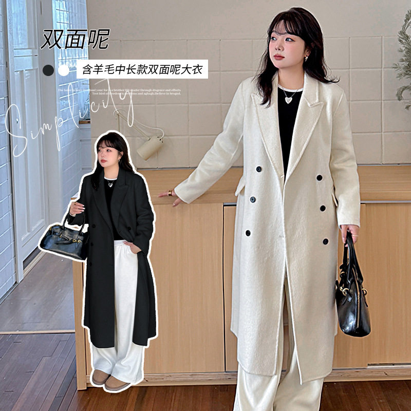 加肥加大大码女装200斤胖mm冬季含羊毛保暖双面呢外套中长款大衣
