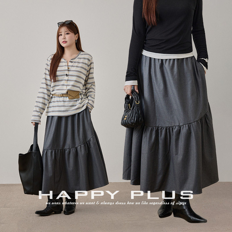 happyhut加肥加大码女装200斤胖mm秋松紧腰口袋知性半裙a字半身裙