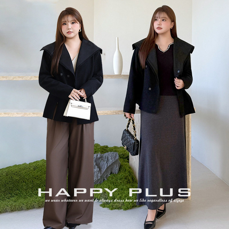 happyhut加肥加大码女装200斤胖mm冬翻领立裁羊毛拼麂皮收腰外套