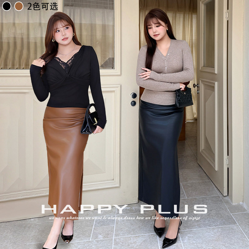 happyhut加肥加大码女装200斤胖mm开叉中长款高腰皮裙PU半身长裙