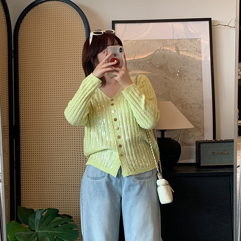 加肥加大200斤大码女装胖mm春季新款亮片V领针织开衫外套外搭