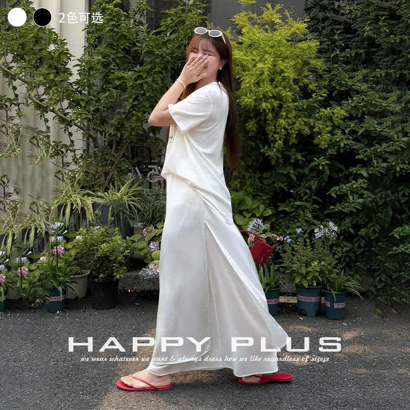 happyhut加肥加大码女装200斤胖mm夏季白色半身裙假两件缎面半裙