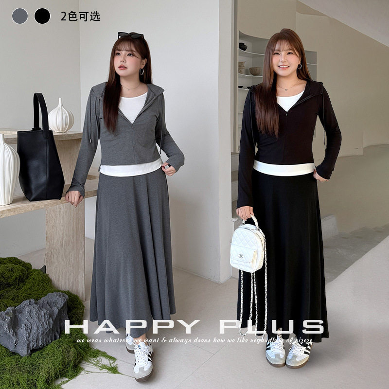 happyhut加肥加大码女装200斤胖mm拉链连帽假两件上衣半身裙套装