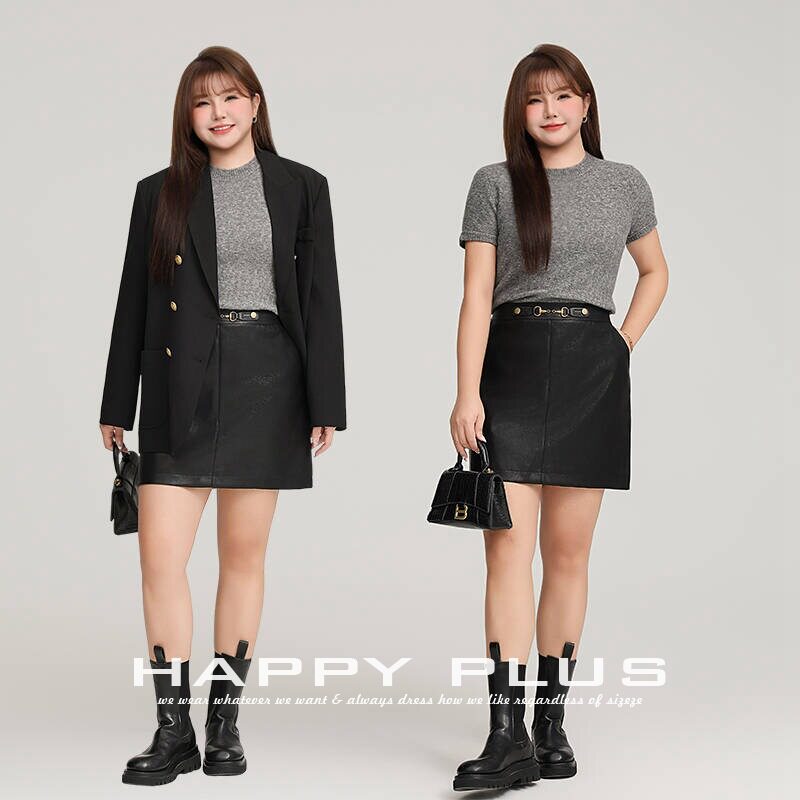 加肥加大大码女装200斤胖mm圆领针织短袖上衣西装半身裙三件套装