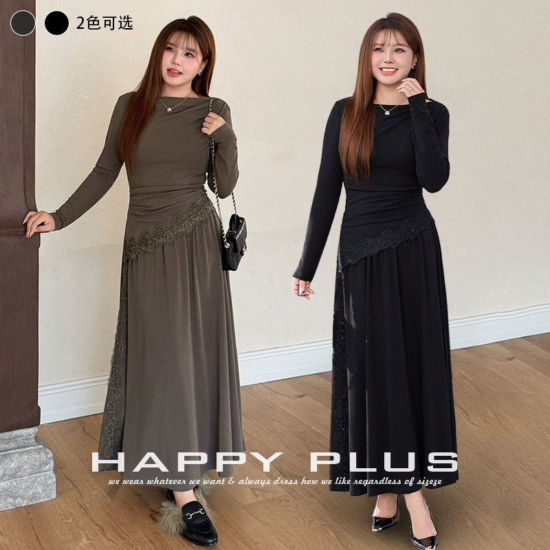 happyhut加肥加大码女装200斤胖mm一字领仿羊绒收腰长半身裙套装