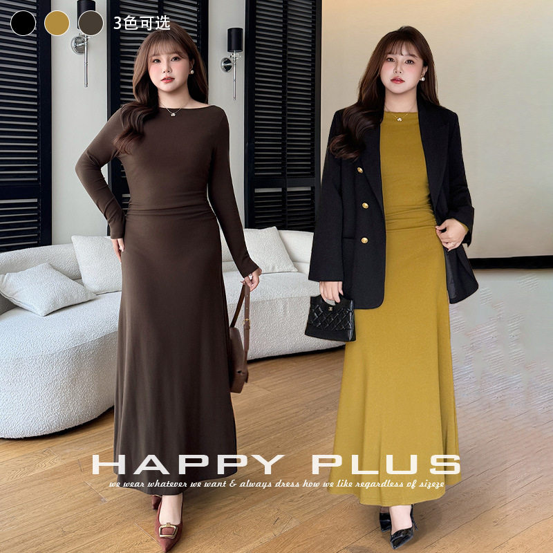happyhut加肥加大码女装200斤胖mm收腰A摆针织连衣裙法式仿羊绒裙