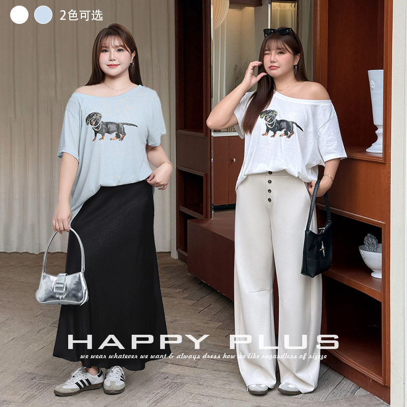 happyhut加肥加大码女装200斤胖mm宽松上衣T恤项链斜肩短袖T恤衫