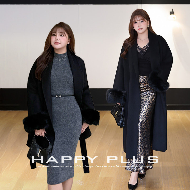 happyhut加肥加大码女装200斤胖mm狐狸毛双面呢羊毛大衣AB款外套