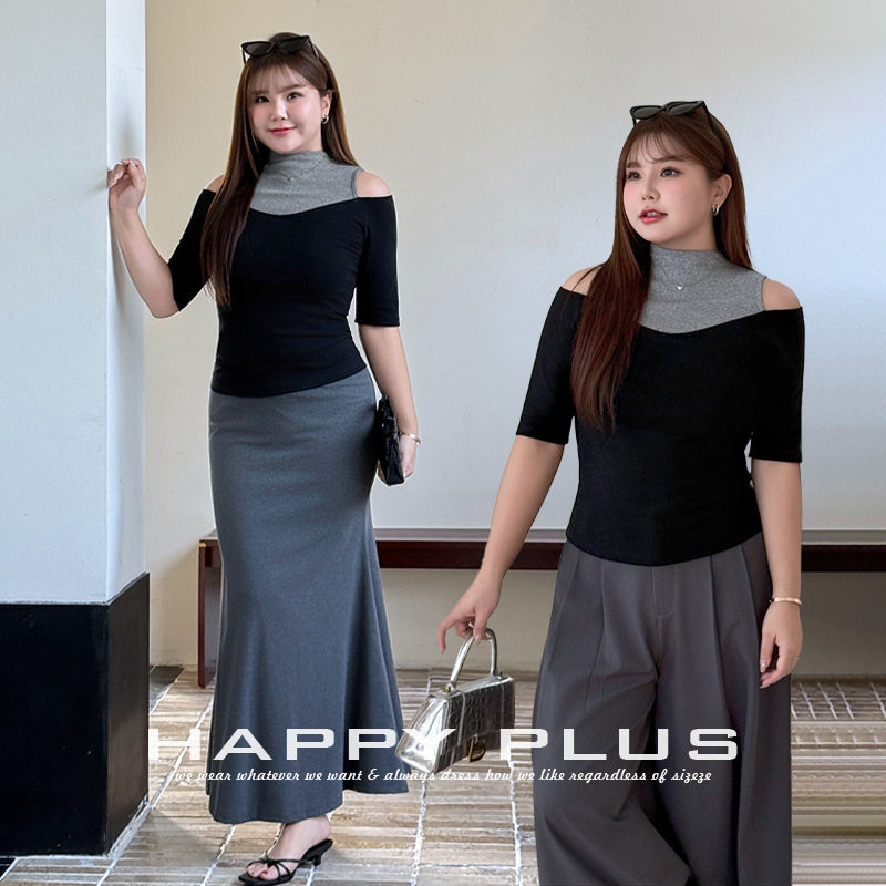 happyhut加肥加大码女装200斤胖mmV领假两件针织上衣辣妹中袖上衣