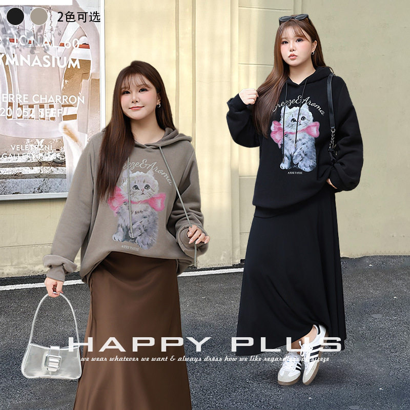 happyhut加肥加大码女装200斤胖mm连帽正肩卫衣休闲猫咪卫衣T恤衫