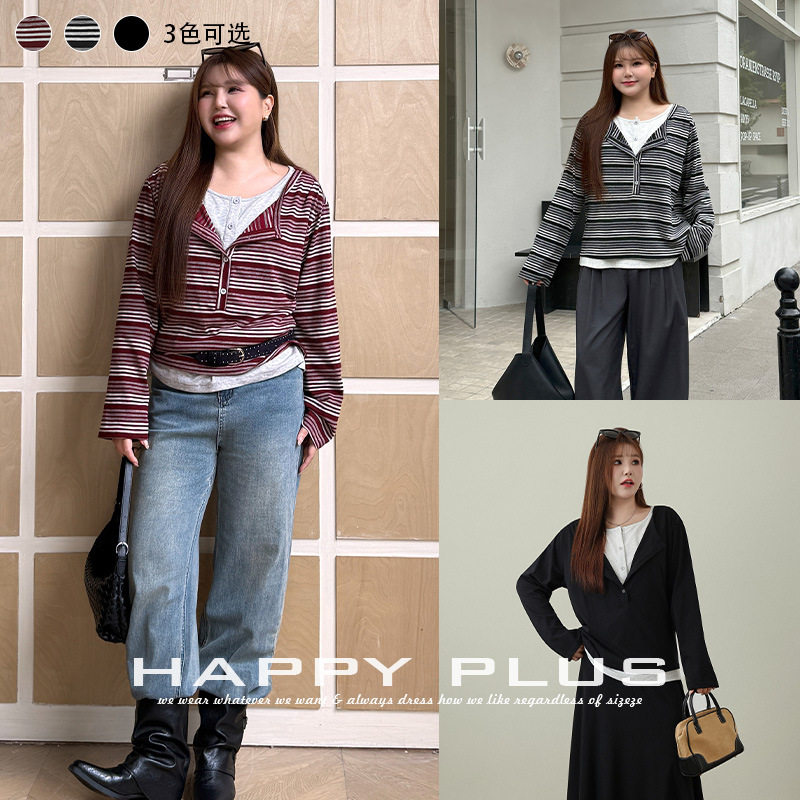 happyhut加肥加大码女装200斤胖mm秋上衣卫衣条纹假两件长袖T恤衫