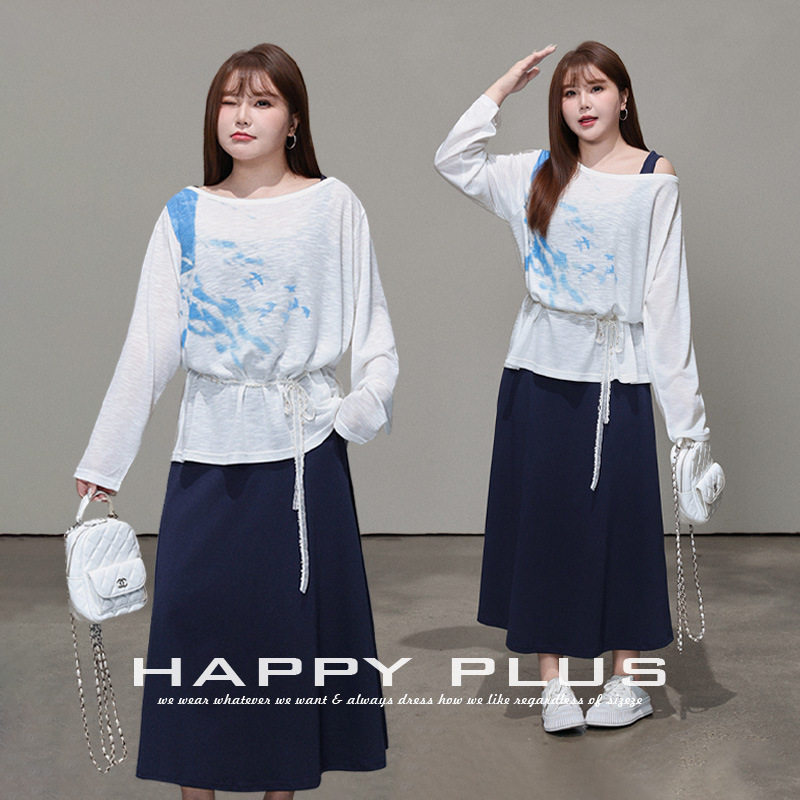 happyhut加肥加大码女装200斤胖mm宽松针织斜肩上衣休闲长袖套装