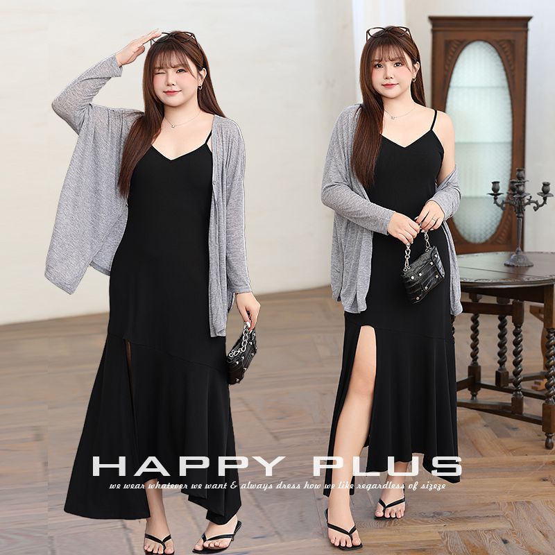 happyhut加肥加大码女装200斤胖mm开衩鱼尾法式吊带长裙开衫套装