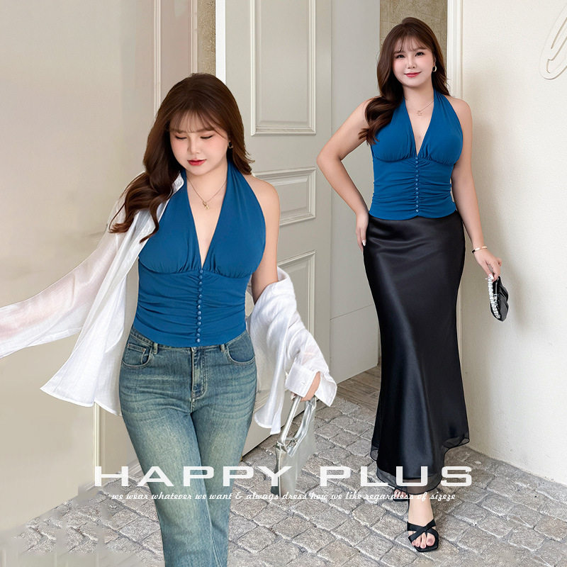 happyhut加肥加大码女装200斤胖mm挂脖露背V领吊带背心内搭上衣