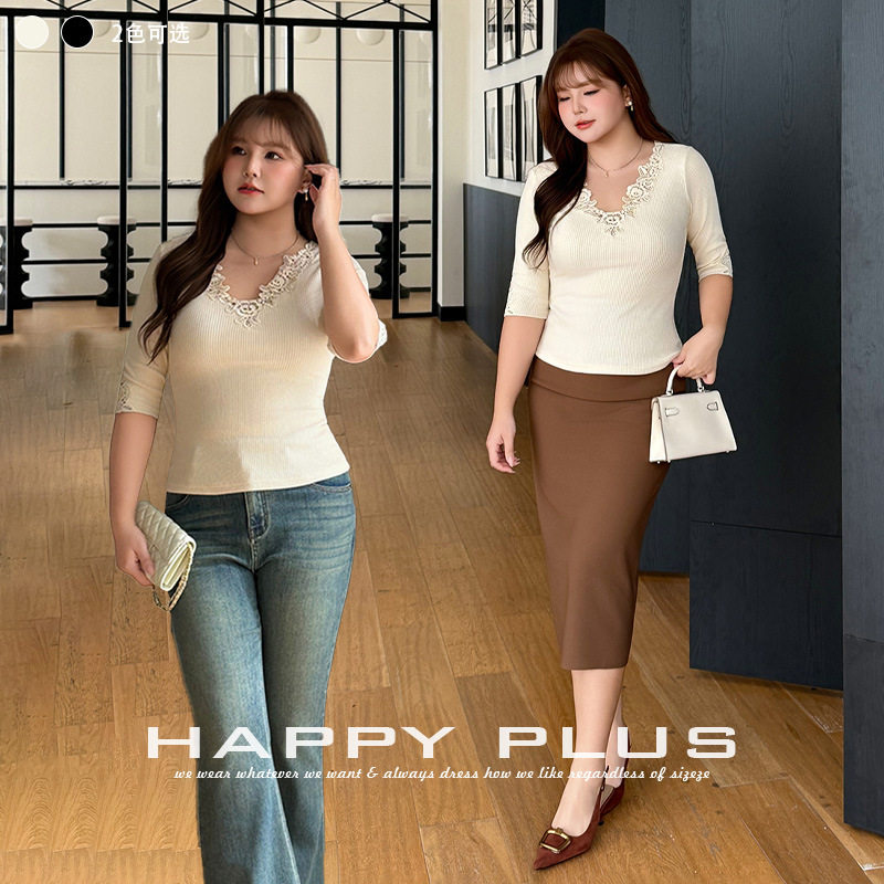 happyhut加肥加大码女装200斤胖mm辣妹刺绣蕾丝V领中袖针织衫上衣