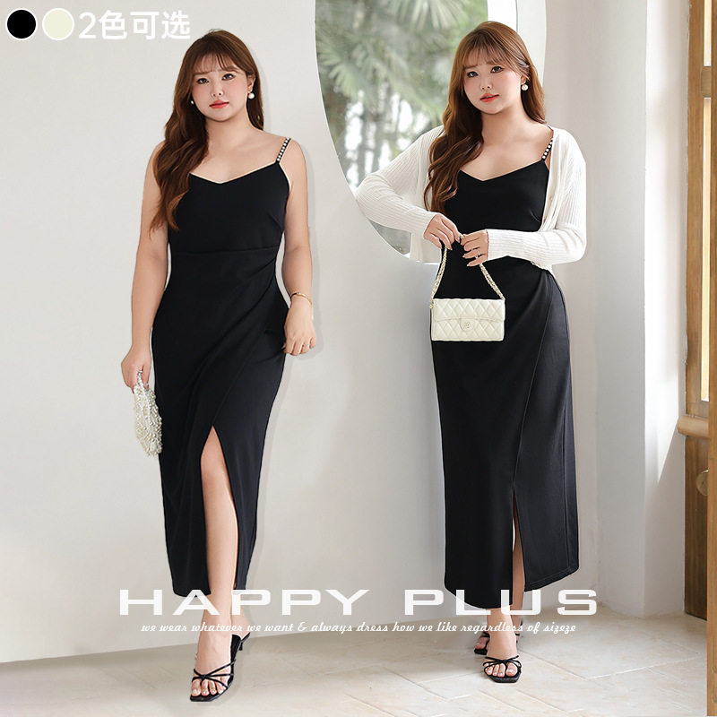 happyhut品牌加肥加大码女装200斤胖mm收腰V领开衩珍珠吊带连衣裙