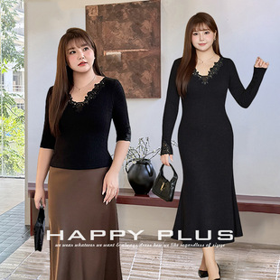 happyhut加肥加大码女装200斤胖mm刺绣蕾丝V领中袖针织上衣连衣裙