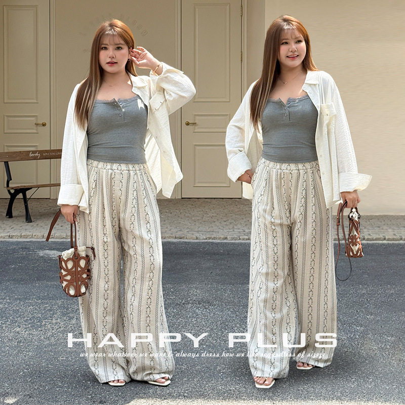happyhut加肥加大码女装200斤胖mm套装度假亚麻竖条宽松衬衫长裤