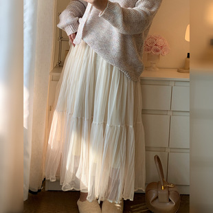 加肥加大200斤大码女装胖mm春裙子松紧腰网纱拼接打褶纯色半身裙