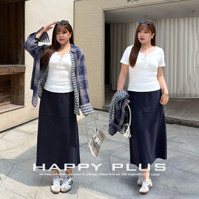 happyhut加肥加大码女装200斤胖mm短袖半裙衬衣套装针织短袖T恤衫