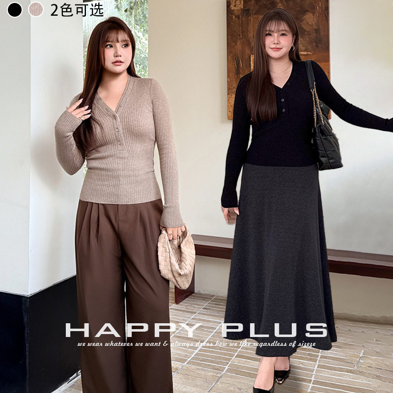 happyhut加肥加大码女装200斤胖mm双门襟V领羊毛针织衫通勤上衣