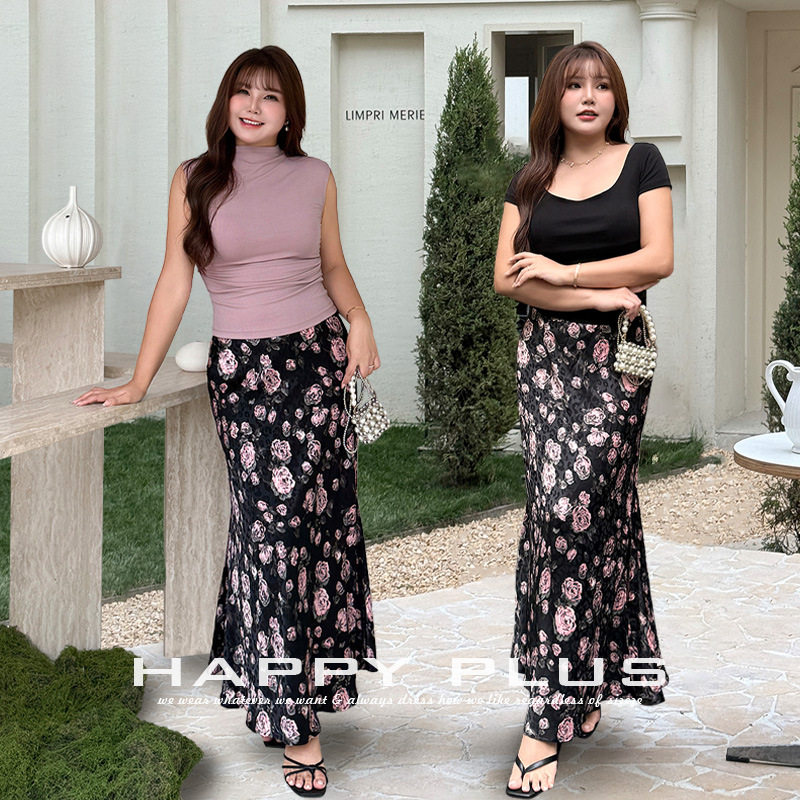 happyhut加肥加大码女装200斤胖mm法式缎玫瑰鱼尾高腰开叉半身裙