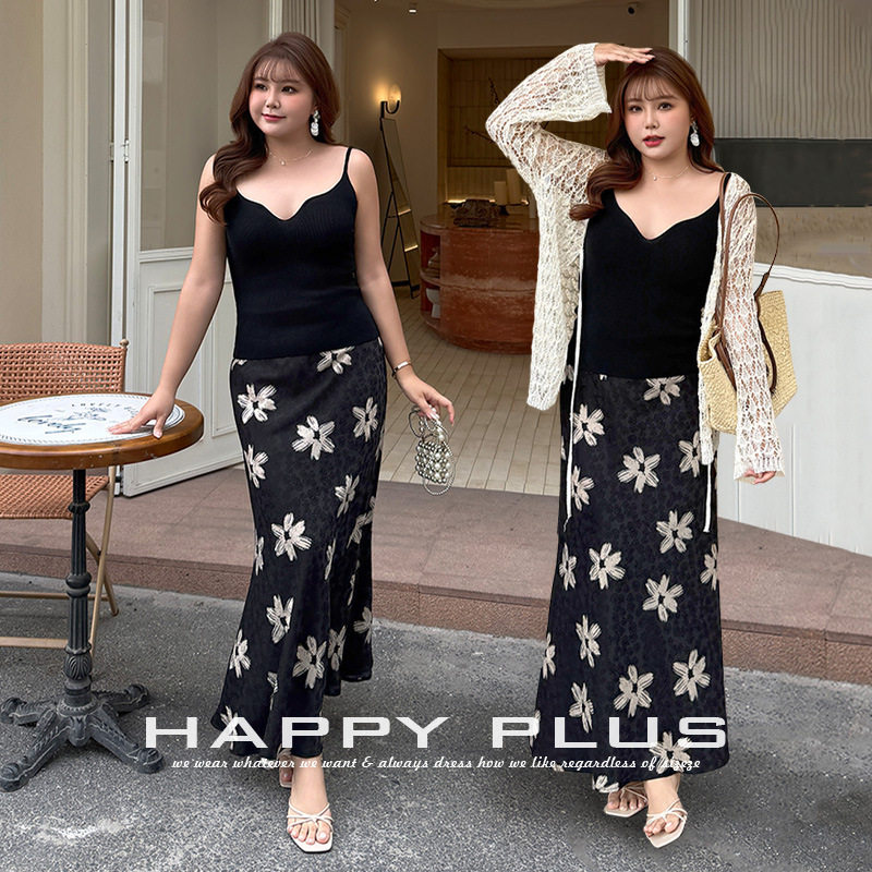 happyhut加肥加大码女装200斤胖m法式度假套装斜裁鱼尾缎面半身裙