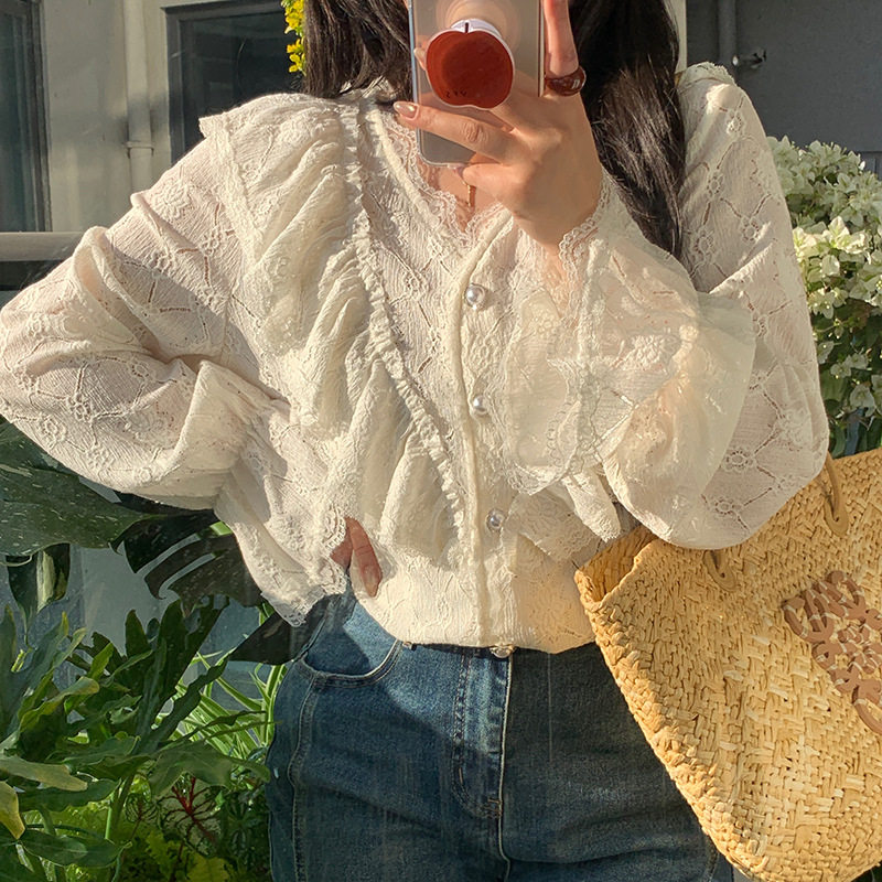 加肥加大200斤大码女装微胖胖mm夏V领荷叶边长袖蕾丝女士衬衫衬衣