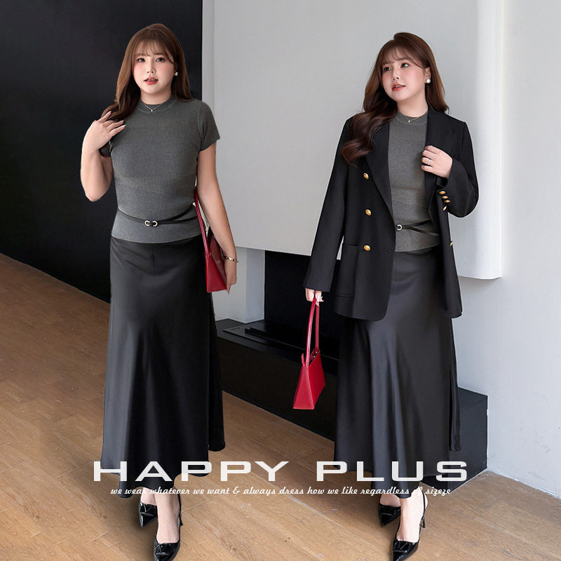 happyhut加肥加大码女装200斤胖mm法式双面缎高腰鱼尾半身裙套装