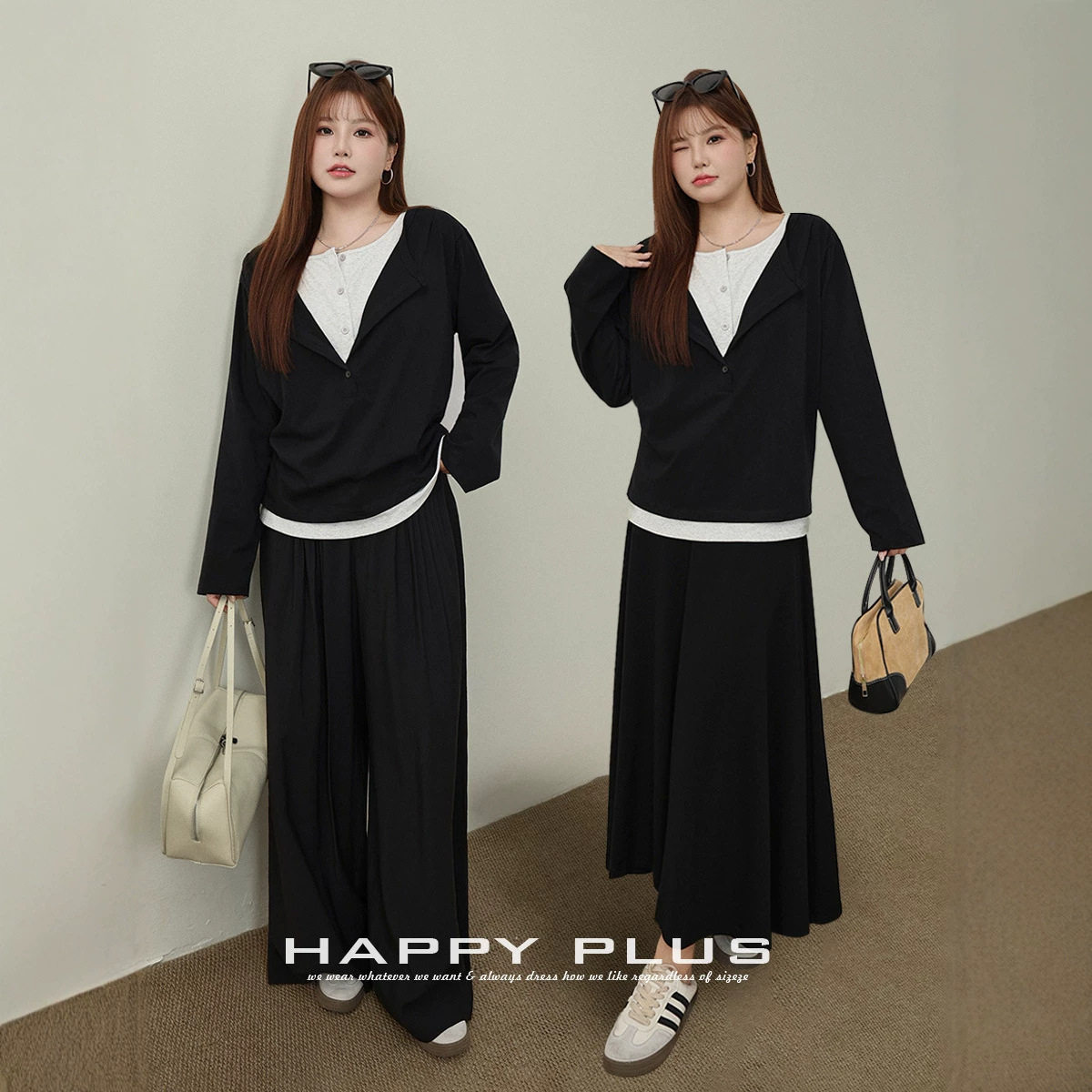 happyhut加肥加大码女装200斤胖mm秋条纹假两件长袖T恤衫卫衣上衣