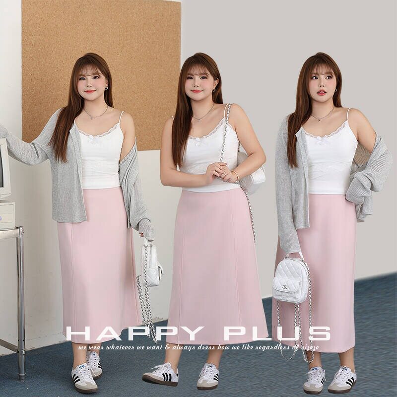 happyhut品牌加肥加大码女装200斤胖mm粉色中长款半身裙减龄套装