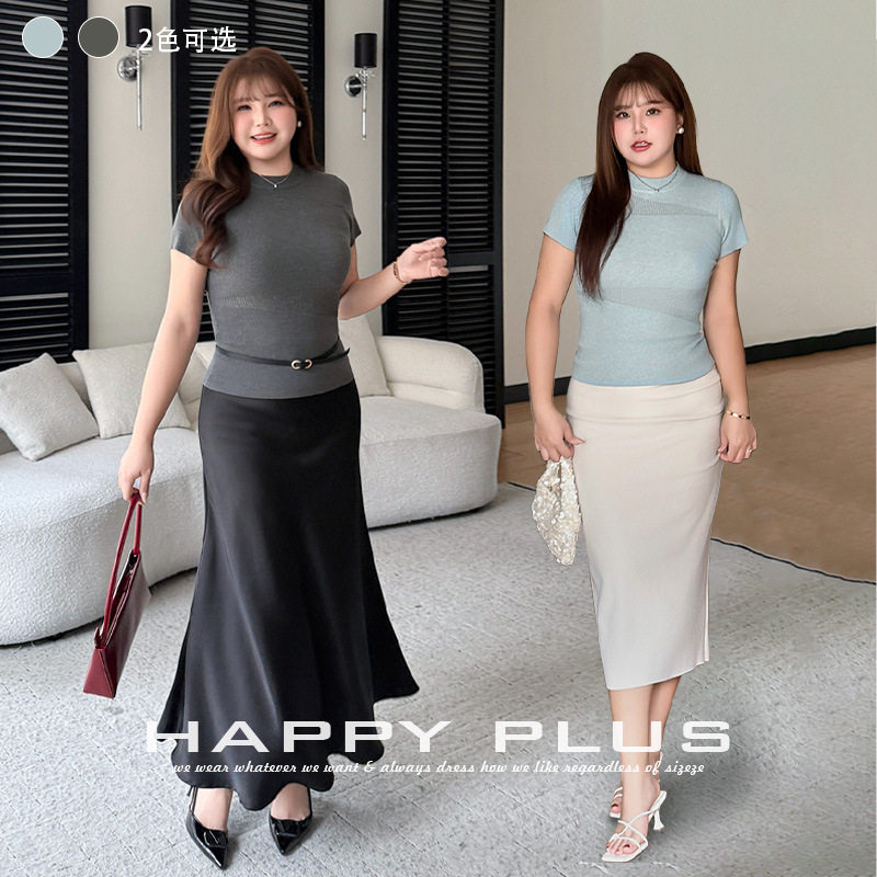 happyhut加肥加大码女装200斤胖mm针织衫修身半高领冰感短袖上衣