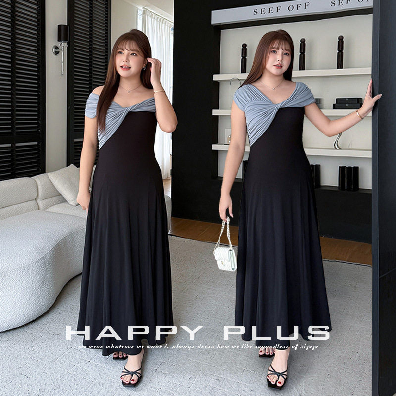 happyhut加肥加大码女装200斤胖mm春一字肩针织连衣裙法式连衣裙