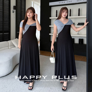 happyhut加肥加大码女装200斤胖mm春一字肩针织连衣裙法式连衣裙