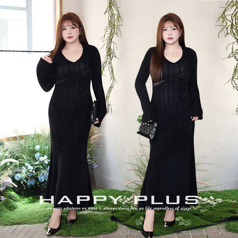 happyhut加肥加大码女装200斤胖mm仿水貂绒镂空提花V领鱼尾连衣裙