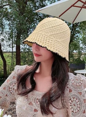 韩国显脸小女士草编防晒帽防紫外线渔夫帽子夏季时尚旅游遮阳盆帽