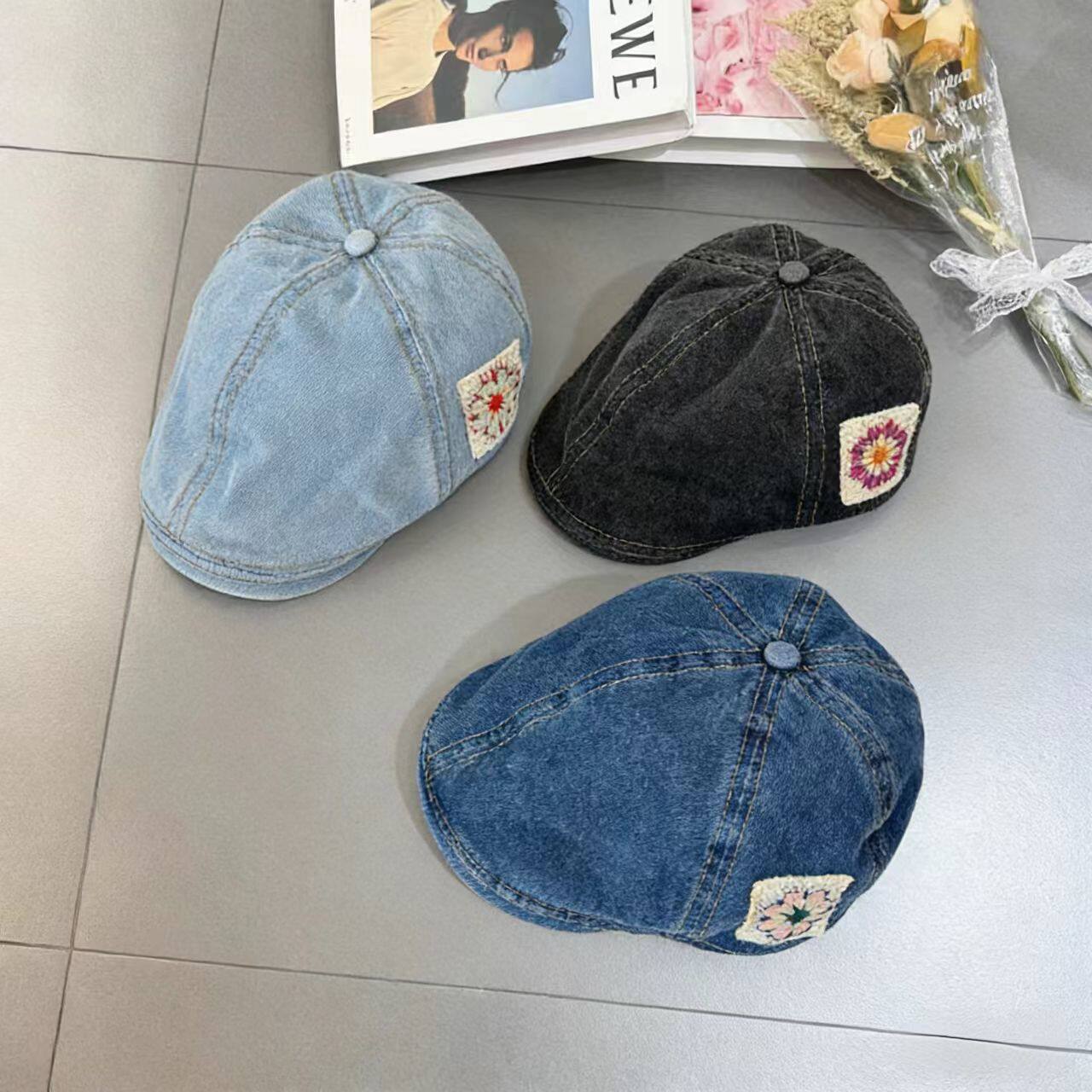 韩国刺绣花朵复古鸭舌帽代购牛仔时尚做旧系前进帽春秋休闲贝雷帽