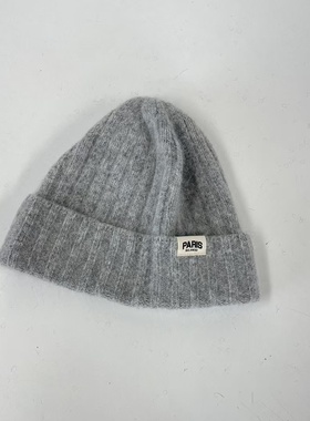 韩国代购保暖安哥拉兔毛针织帽Paris标冬季女毛线帽可翻下护耳帽